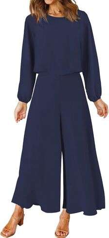 ROYLAMP Women's Summer 2 Piece Outfits Round neck Crop Basic Top Cropped Wide Leg pants Set Jumpsuits in Kuwait