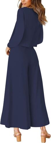 ROYLAMP Women's Summer 2 Piece Outfits Round neck Crop Basic Top Cropped Wide Leg pants Set Jumpsuits in Kuwait