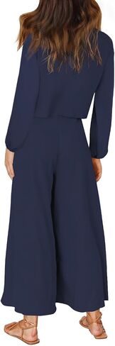 ROYLAMP Women's Summer 2 Piece Outfits Round neck Crop Basic Top Cropped Wide Leg pants Set Jumpsuits in Kuwait