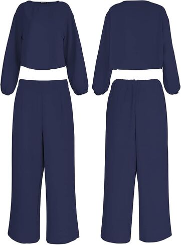 ROYLAMP Women's Summer 2 Piece Outfits Round neck Crop Basic Top Cropped Wide Leg pants Set Jumpsuits in Kuwait