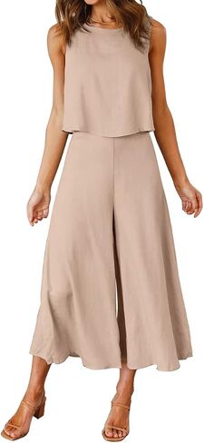 ROYLAMP Women's Summer 2 Piece Outfits Round neck Crop Basic Top Cropped Wide Leg pants Set Jumpsuits in Kuwait