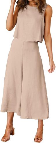 ROYLAMP Women's Summer 2 Piece Outfits Round neck Crop Basic Top Cropped Wide Leg pants Set Jumpsuits in Kuwait