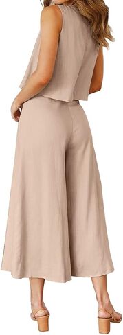 ROYLAMP Women's Summer 2 Piece Outfits Round neck Crop Basic Top Cropped Wide Leg pants Set Jumpsuits in Kuwait