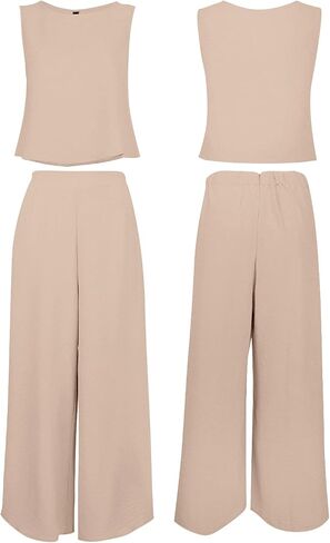 ROYLAMP Women's Summer 2 Piece Outfits Round neck Crop Basic Top Cropped Wide Leg pants Set Jumpsuits in Kuwait