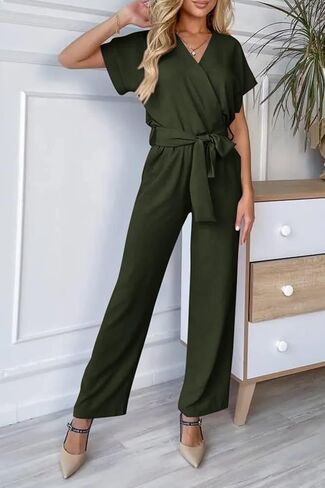 PRETTYGARDEN Women's Jumpsuit Casual Short Sleeve Wrap V Neck Belted Wide Leg Pants in Kuwait