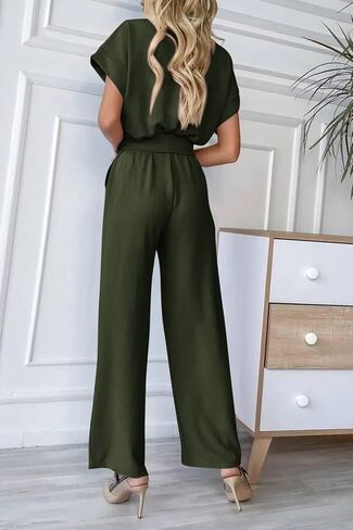 PRETTYGARDEN Women's Jumpsuit Casual Short Sleeve Wrap V Neck Belted Wide Leg Pants in Kuwait