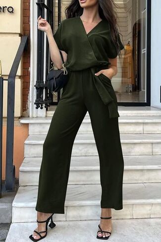 PRETTYGARDEN Women's Jumpsuit Casual Short Sleeve Wrap V Neck Belted Wide Leg Pants in Kuwait