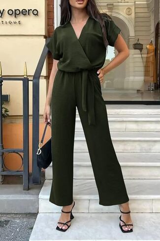 PRETTYGARDEN Women's Jumpsuit Casual Short Sleeve Wrap V Neck Belted Wide Leg Pants in Kuwait