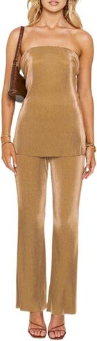 NUFIWI Womens Sexy 2 Piece Pants Set Strapless Off Shoulder Tube Tops Pleated Wide Leg Pants Y2k Suits Summer Outfits in Kuwait