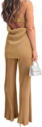 NUFIWI Womens Sexy 2 Piece Pants Set Strapless Off Shoulder Tube Tops Pleated Wide Leg Pants Y2k Suits Summer Outfits in Kuwait