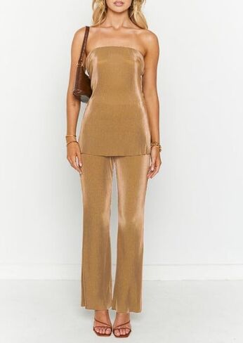 NUFIWI Womens Sexy 2 Piece Pants Set Strapless Off Shoulder Tube Tops Pleated Wide Leg Pants Y2k Suits Summer Outfits in Kuwait