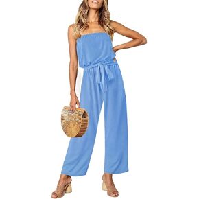 ZESICA Women's 2023 Casual Off Shoulder Solid Color Strapless Belted Wide Leg Jumpsuit Romper