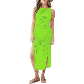 Bsubseach Crochet Cover Ups for Women Hollow Out Sleeveless Bikini Swimsuit Swimwear Side Split Long Beach Dresses in Kuwait
