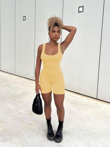 AIBIANOCEL المرأة الصيف مضلع بلا أكمام تانك Bodycon رومبير قصيرة اليوغا بذلة Catsuit Playsuit in Kuwait