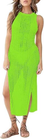 Bsubseach Crochet Cover Ups for Women Hollow Out Sleeveless Bikini Swimsuit Swimwear Side Split Long Beach Dresses in Kuwait