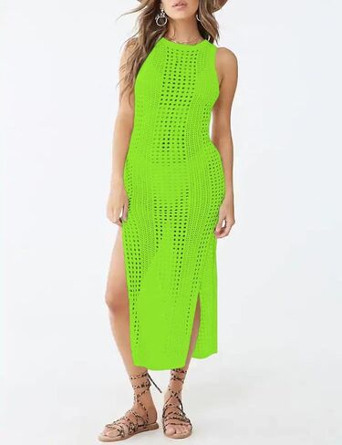Bsubseach Crochet Cover Ups for Women Hollow Out Sleeveless Bikini Swimsuit Swimwear Side Split Long Beach Dresses in Kuwait