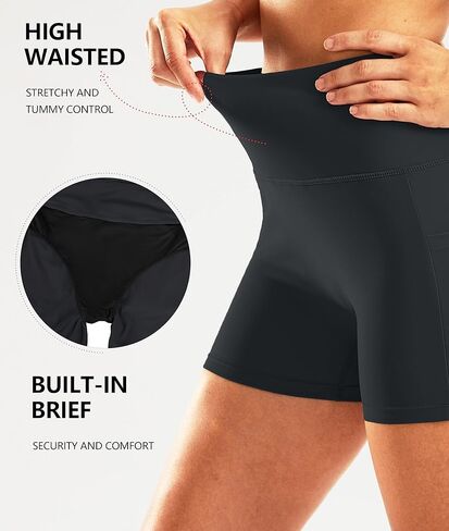 Pudolla Womens Swim Shorts High Waisted Bathing Bottom Shorts Tummy Control Board Swimsuit with Pockets in Kuwait