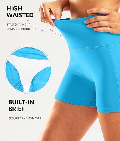 Pudolla Womens Swim Shorts High Waisted Bathing Bottom Shorts Tummy Control Board Swimsuit with Pockets in Kuwait