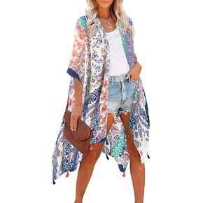 Breezy Lane Women's Kimono Cardigan Summer Swimsuit Coverups Beach Cover Up with Floral Print for Vacation