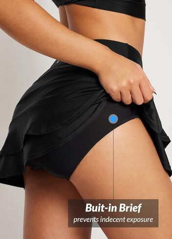 BALEAF Women's High Waisted Adjustable Drawstring Ruffle Swim Skirt Bottoms Modest Tummy Control Swim Skort with Pocket Liner in Kuwait