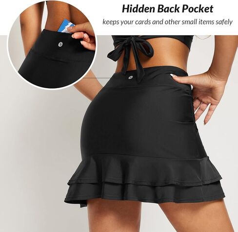 BALEAF Women's High Waisted Adjustable Drawstring Ruffle Swim Skirt Bottoms Modest Tummy Control Swim Skort with Pocket Liner in Kuwait
