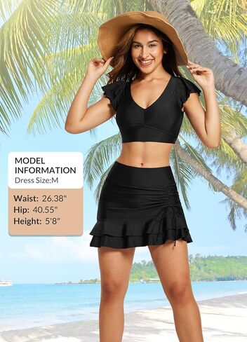 BALEAF Women's High Waisted Adjustable Drawstring Ruffle Swim Skirt Bottoms Modest Tummy Control Swim Skort with Pocket Liner in Kuwait