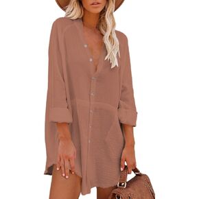 HAPCOPE Women's Button Down Shirt Dress Oversized Long Sleeve Swimsuit Cover Ups Beach Dresses