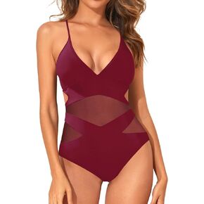 Holipick Women Sexy One Piece Swimsuits Mesh High Waisted Bathing Suits Plunge V Neck Monokini Cutout Swimwear