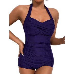 Women's Retro Tummy Control Swimsuits Halter One Piece Slimming Swimwear,Vintage Boyshorts Ruched Push Up Bathing Suit