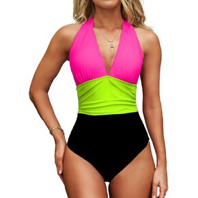 MOLYBELL Women's Halter Plunge One Piece Swimsuits High Waitsted Bathing Suit Tummy Control Monokini