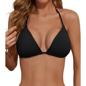 Zuvebamyo Women's Triangle Bikini Top Ribbed Push up Padded Halter String Bathing Suits Top