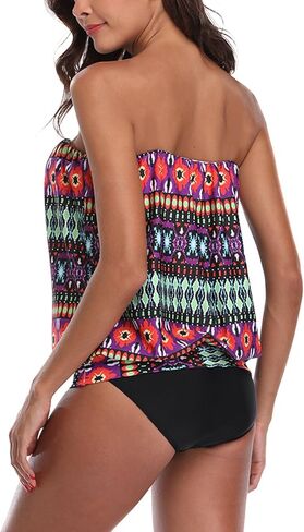 Two Piece Bandeau Tankini Swimsuits for Women Loose Blouson Swim Top with Bikini Bottom Tummy Control Bathing Suits in Kuwait