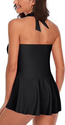 Omichic Womens Halter Tankini Swimsuits Two Piece Tummy Control Bathing Suits V Neck Swimdress with Boyshorts Swimwear in Kuwait
