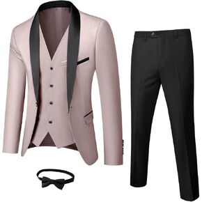 YND Men's 3 Piece Slim Fit Tuxedo Set, One Button Shawl Collar Solid Jacket Vest Pants with Bow Tie