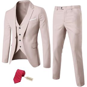 MYS Men's 3 Piece Slim Fit Suit Set, One Button Solid Jacket Vest Pants with Tie Natural White
