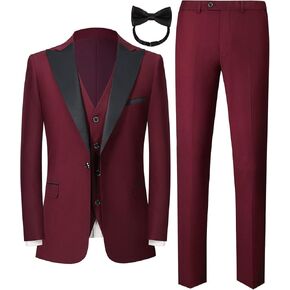 Mgnaie Mens 3 Piece Suit Sets Solid Color Peaked Lapel Tuxedo Jacket Blazer for Dinner,Prom,Wedding