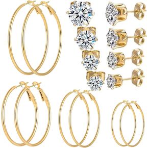 Cuicanstar 8/10 Pairs Stainless Steel Gold Hoops Silver Hoop Earrings Hypoallergenic Half Hoop Cartilage Piercing Earrings Tiny Ball Cubic Zirconia Stud Earrings Set for Women Girls