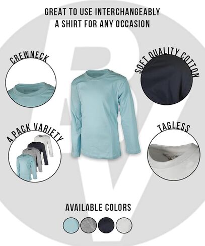 BROOKLYN VERTICAL Boys 4 Pack Long Sleeve Soft Cotton Tagless Crew Neck Tee Shirts| Sizes 2T to 18/20 in Kuwait