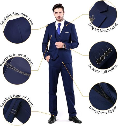 MY'S Men's 3 Piece Slim Fit Suit, One Button Jacket Blazer Vest Pants Set and Tie in Kuwait
