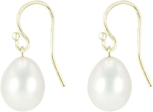 BLUE OCEAN PEARLS 14K الذهب الأصفر والذهب الأبيض، أقراط متدلية من اللؤلؤ الأبيض المستزرع في المياه العذبة للنساء، لؤلؤ شبه دائري 9-10 مم مجوهرات متدلية عالية اللمعان للفتيات in Kuwait
