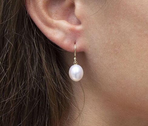 BLUE OCEAN PEARLS 14K الذهب الأصفر والذهب الأبيض، أقراط متدلية من اللؤلؤ الأبيض المستزرع في المياه العذبة للنساء، لؤلؤ شبه دائري 9-10 مم مجوهرات متدلية عالية اللمعان للفتيات in Kuwait