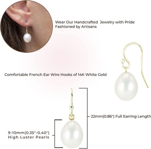 BLUE OCEAN PEARLS 14K الذهب الأصفر والذهب الأبيض، أقراط متدلية من اللؤلؤ الأبيض المستزرع في المياه العذبة للنساء، لؤلؤ شبه دائري 9-10 مم مجوهرات متدلية عالية اللمعان للفتيات in Kuwait