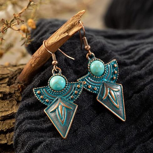 TIANBANGSHI Handmade Vintage Bohemian Turquoise Drop Dangle Earrings Unique geometry Fan Statement Earrings for Women Girls Hypoallergenic Jewelry in Saudi Arabia