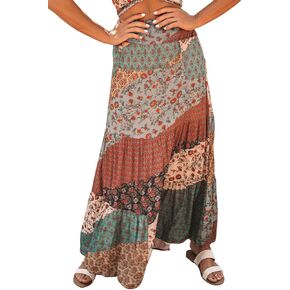 Happy Sailed Womens Floral Print Boho Maxi Skirt Elastic High Waist Pleated Ruffle Flowy Long Skirts S-XL