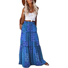 Happy Sailed Womens Floral Print Boho Maxi Skirt Elastic High Waist Pleated Ruffle Flowy Long Skirts S-XL in Saudi Arabia