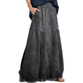ebossy Women's Casual Elastic Waist Frayed Hem A-Line Distressed Hippie Long Maxi Denim Skirt