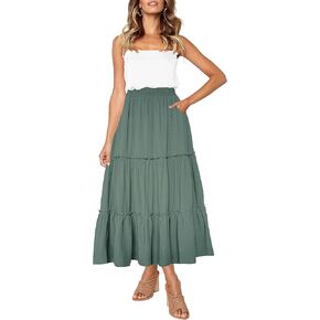 Afibi Womens High Waist A Line Ruffle Swing Long Maxi Skirt with Pockets
