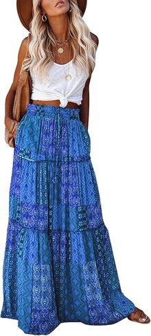 Happy Sailed Womens Floral Print Boho Maxi Skirt Elastic High Waist Pleated Ruffle Flowy Long Skirts S-XL in Kuwait