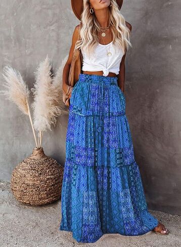 Happy Sailed Womens Floral Print Boho Maxi Skirt Elastic High Waist Pleated Ruffle Flowy Long Skirts S-XL in Kuwait