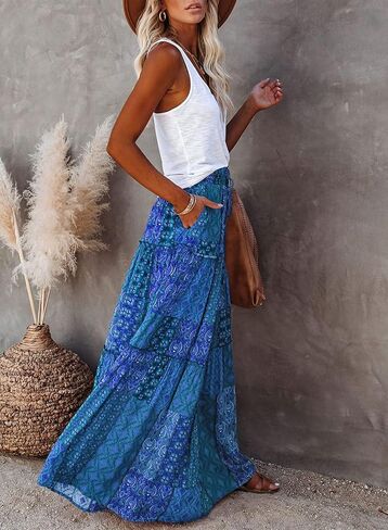 Happy Sailed Womens Floral Print Boho Maxi Skirt Elastic High Waist Pleated Ruffle Flowy Long Skirts S-XL in Kuwait